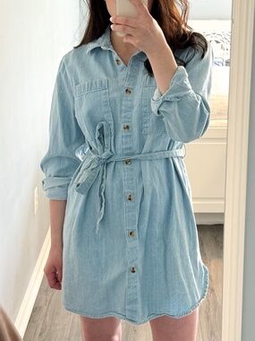ASOS DESIGN soft denim oversized belted shirt dress in midwash blue